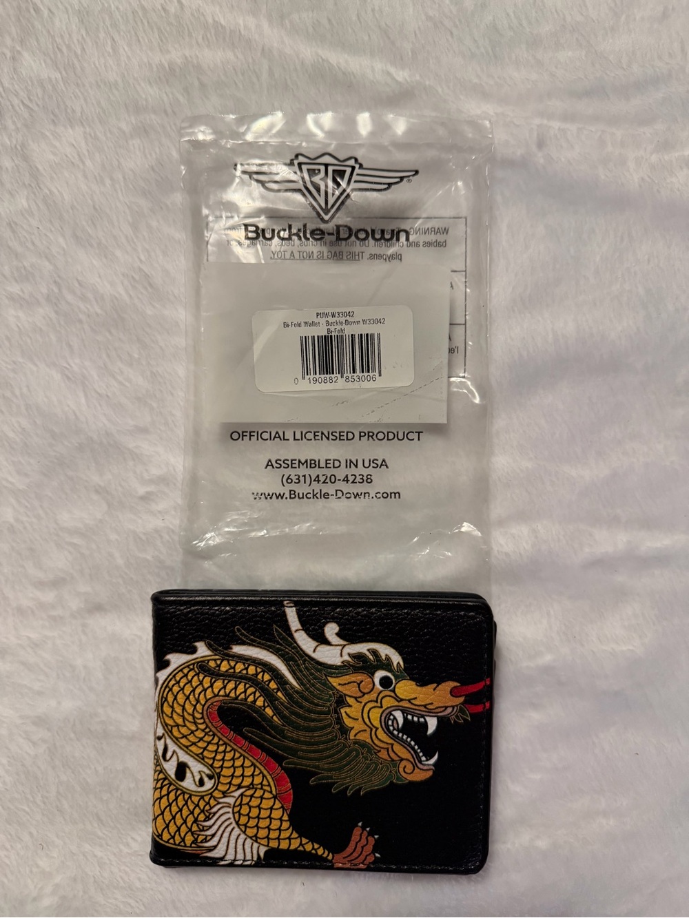 Buckle-Down Bifold Wallet with Gold and Red Dragon Artwork
